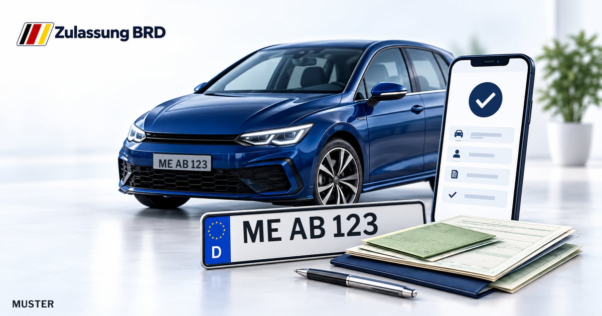 Online Fahrzeugzulassung in Wülfrath: Musterkennzeichen ME AB 123, Auto und Fahrzeugpapiere und Smartphone. Illustration mit Logo von Zulassung BRD.